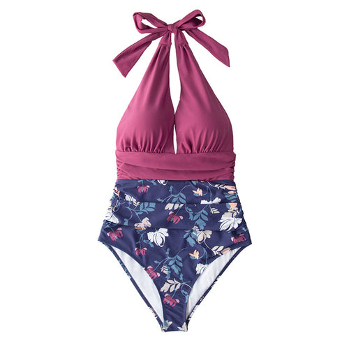 Navy Floral Deep V neck Halter One Piece Swimsuit