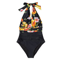 Thumbnail for Navy Floral Deep V neck Halter One Piece Swimsuit