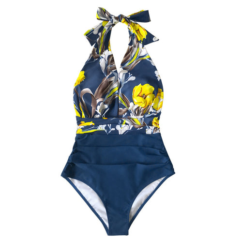 Navy Floral Deep V neck Halter One Piece Swimsuit