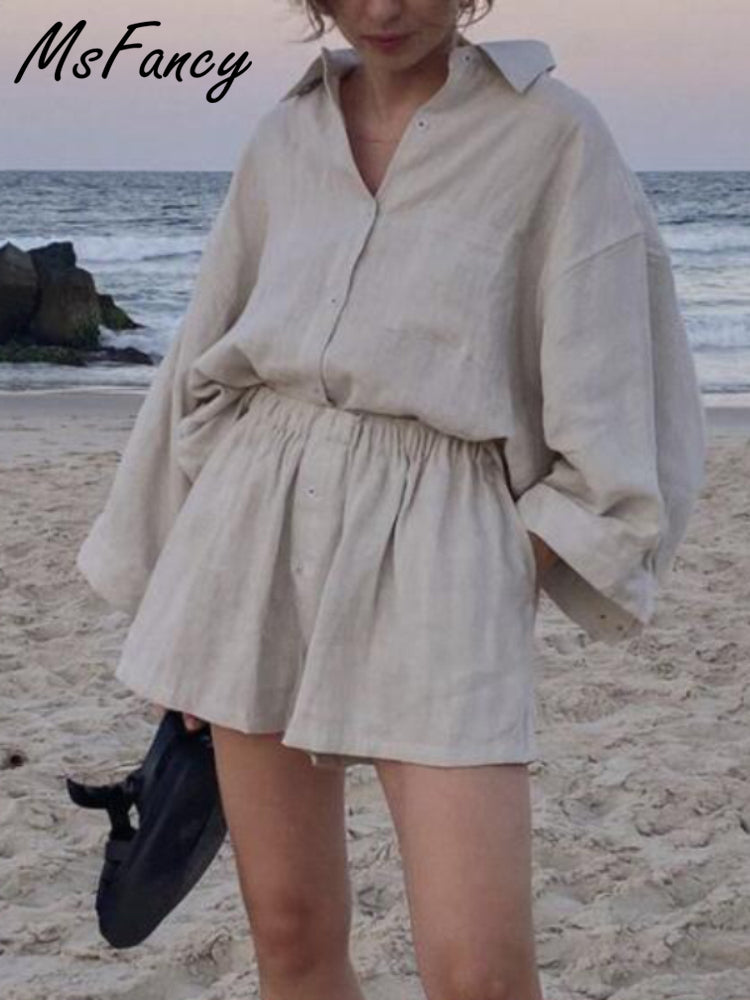 Two Piece Set Women Cotton Shorts Sets
