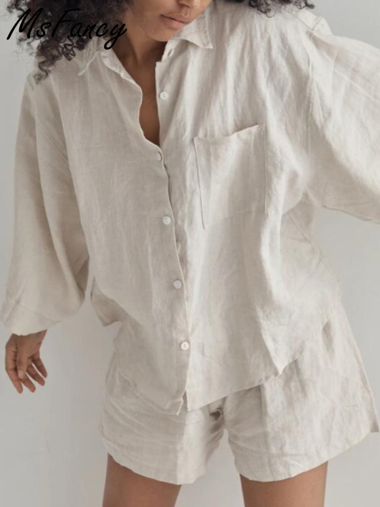 Two Piece Set Women Cotton Shorts Sets