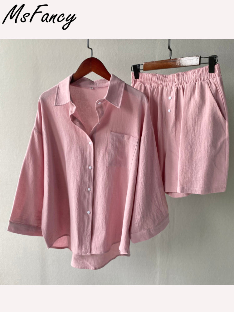 Two Piece Set Women Cotton Shorts Sets