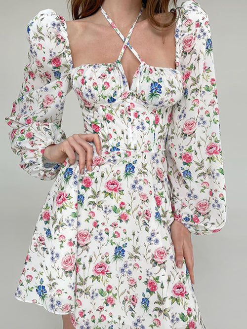 Women Lantern Long Sleeve Ruched Print A Line