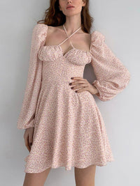 Thumbnail for Women Lantern Long Sleeve Ruched Print A Line