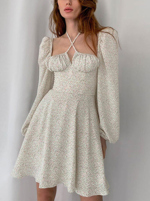 Women Lantern Long Sleeve Ruched Print A Line