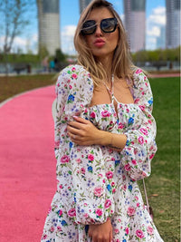 Thumbnail for Women Lantern Long Sleeve Ruched Print A Line