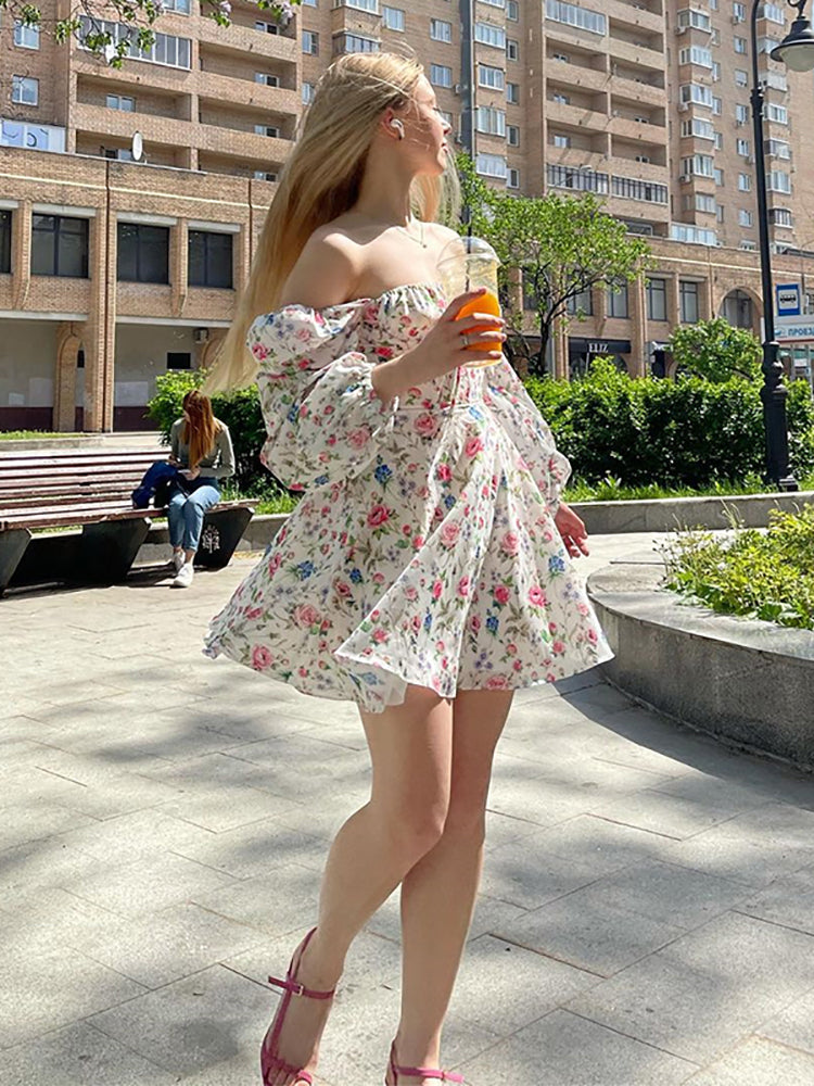 Women Lantern Long Sleeve Ruched Print A Line