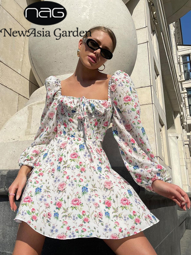 Women Lantern Long Sleeve Ruched Print A Line