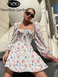 Thumbnail for Women Lantern Long Sleeve Ruched Print A Line