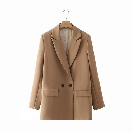 Women Khaki Blazer Coat Vintage Notched Collar