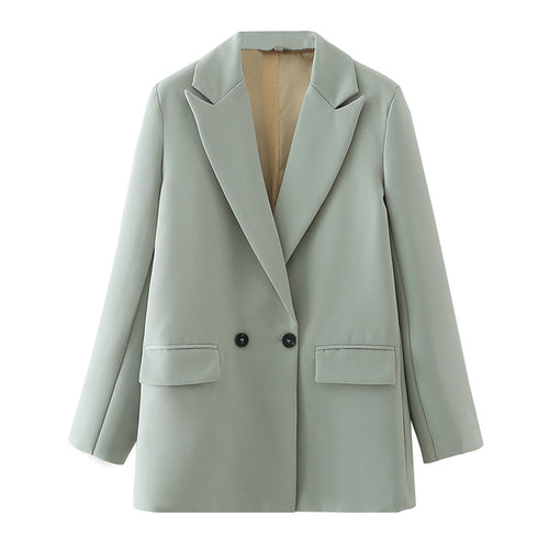 Women Khaki Blazer Coat Vintage Notched Collar