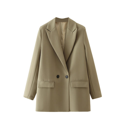 Women Khaki Blazer Coat Vintage Notched Collar