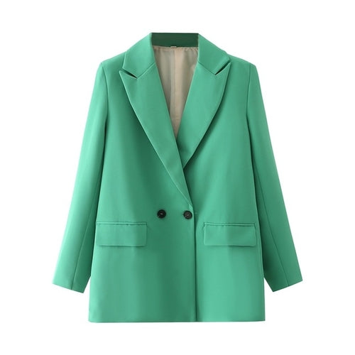 Women Khaki Blazer Coat Vintage Notched Collar