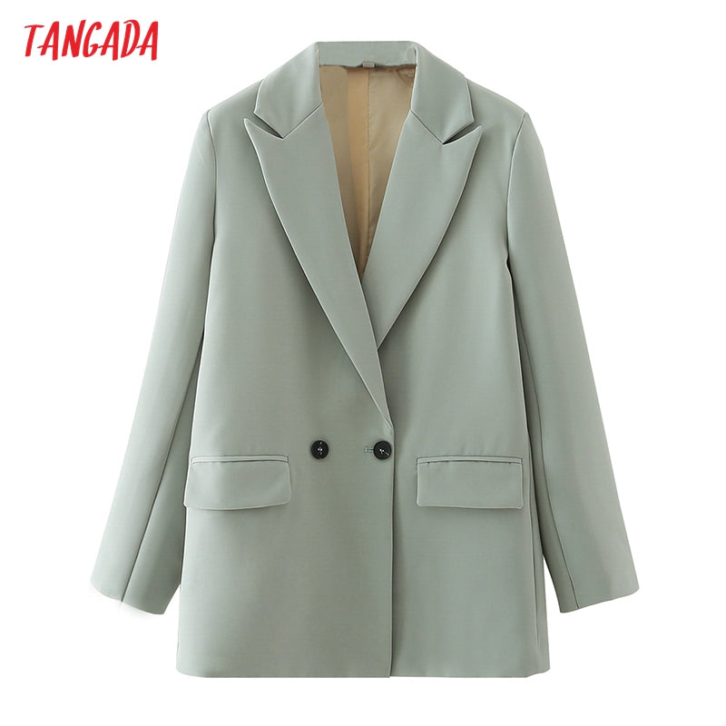 Women Khaki Blazer Coat Vintage Notched Collar