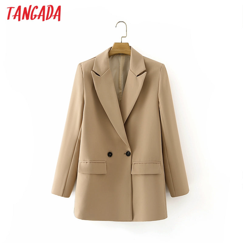 Women Khaki Blazer Coat Vintage Notched Collar
