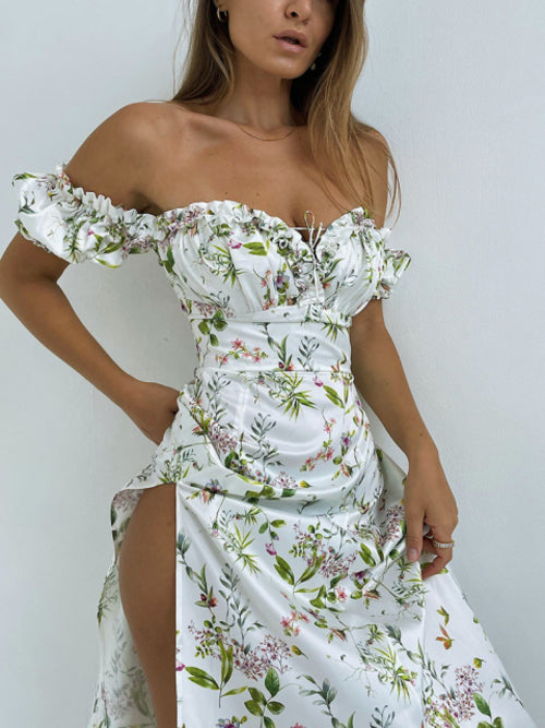 WannaThis Summer Floral Off Shoulder Puff Sleeve Maxi Dress For Woman