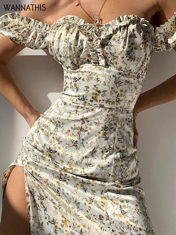 WannaThis Summer Floral Off Shoulder Puff Sleeve Maxi Dress For Woman