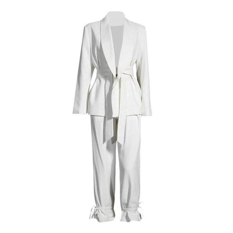 TWOTWINSTYLE Casual Pink Trouser Suits Female Notched Long Sleeve Korean Slim Blazer High Waist Wide Leg Pants Women's Suit 2022