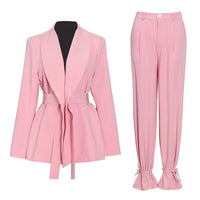 Thumbnail for TWOTWINSTYLE Casual Pink Trouser Suits Female Notched Long Sleeve Korean Slim Blazer High Waist Wide Leg Pants Women's Suit 2022