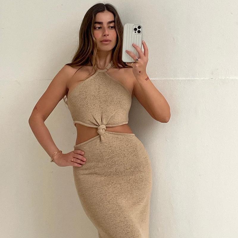 Womens Sexy Knitted Cut Out Spaghetti Strap Long Dresses