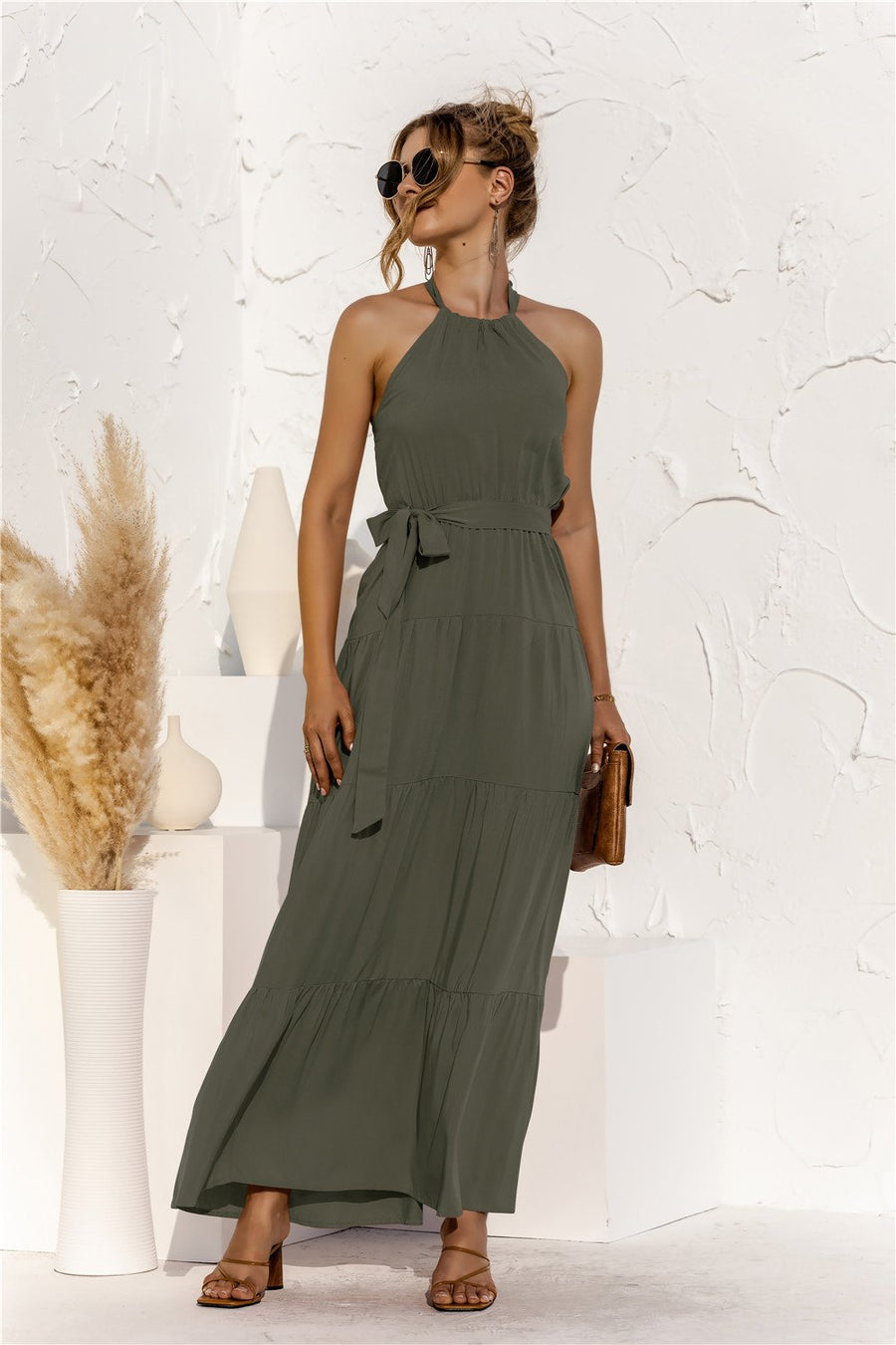 Halter neck lace halter stitching dress long skirt