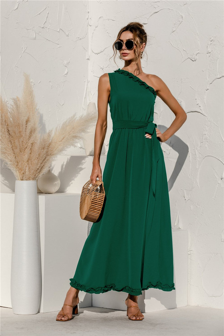 Shoulder Solid Color Black Ruffle High Waist Bandage Dress