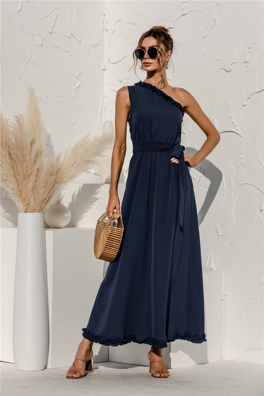 Shoulder Solid Color Black Ruffle High Waist Bandage Dress