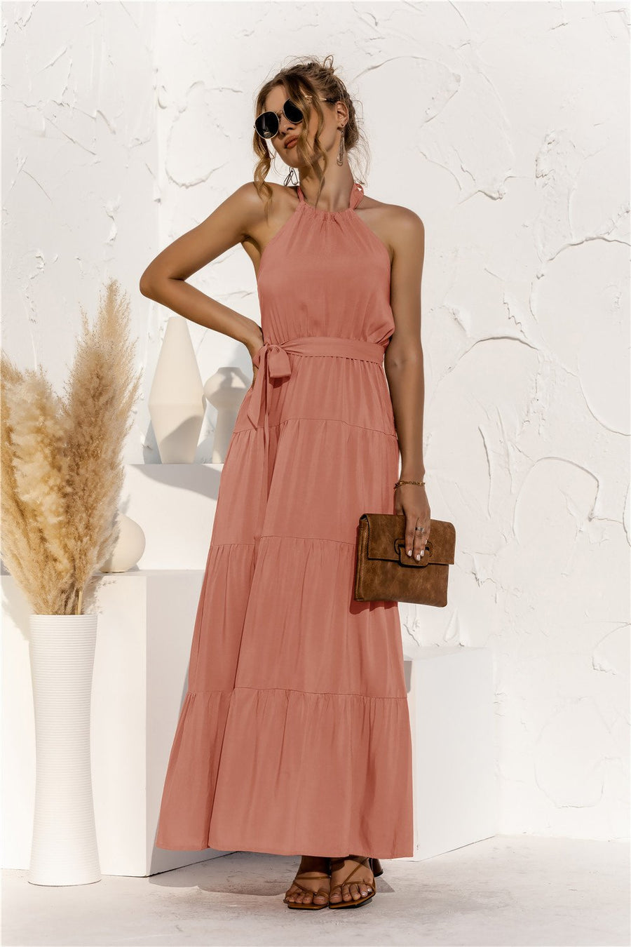 Halter neck lace halter stitching dress long skirt