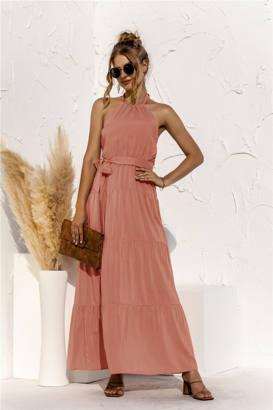 Halter neck lace halter stitching dress long skirt