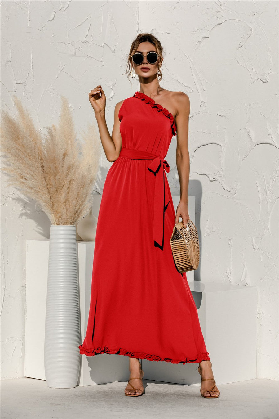 Shoulder Solid Color Black Ruffle High Waist Bandage Dress