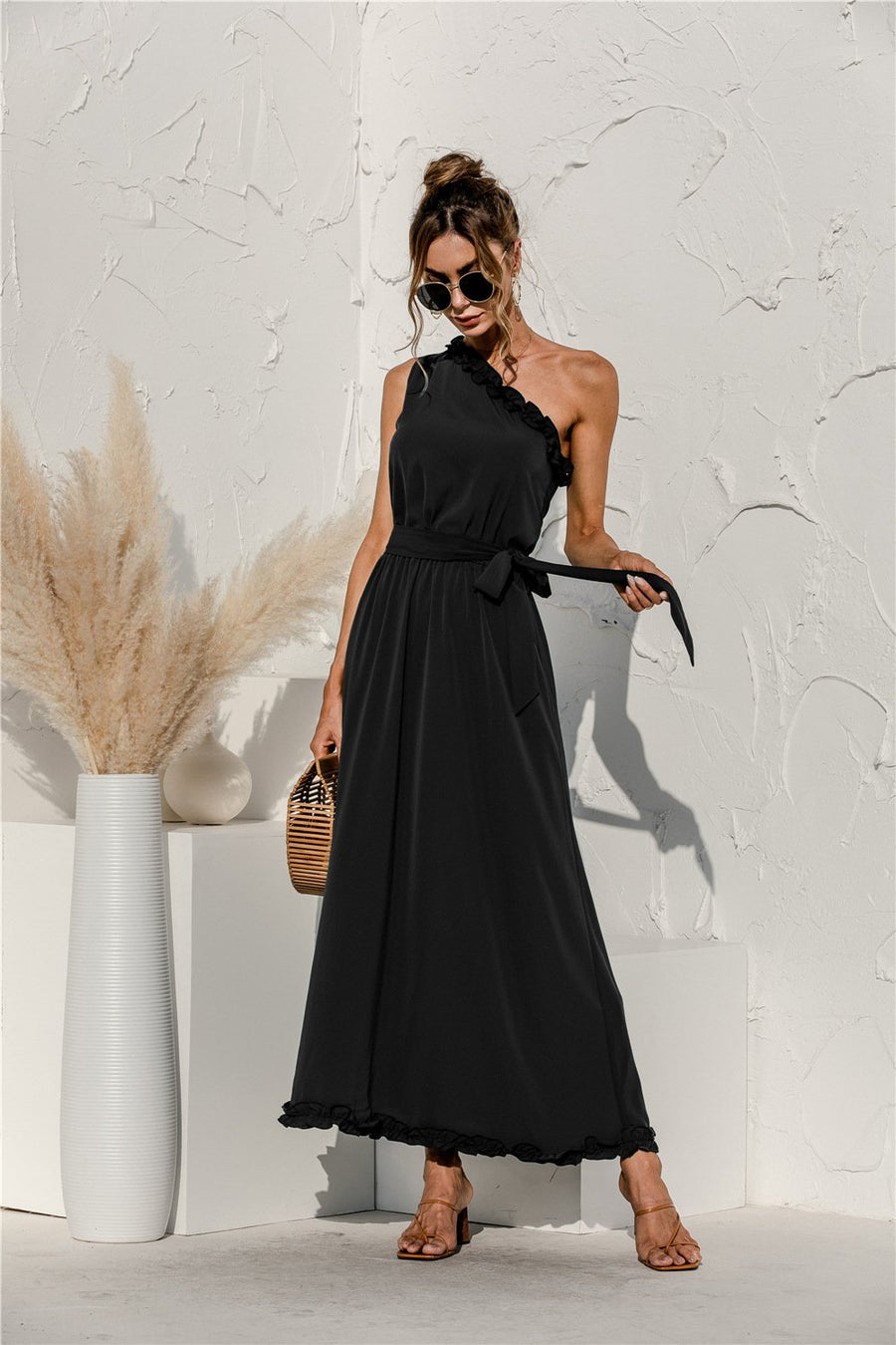 Shoulder Solid Color Black Ruffle High Waist Bandage Dress