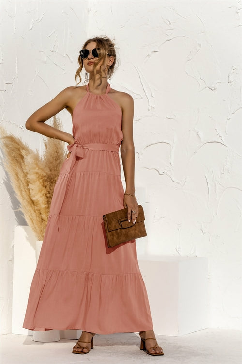 Halter neck lace halter stitching dress long skirt