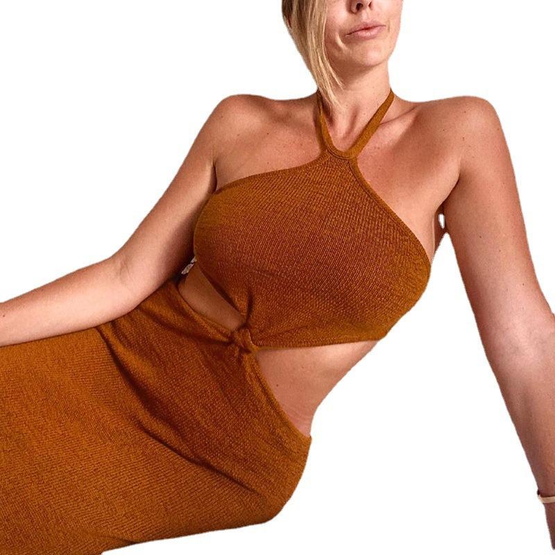 Womens Sexy Knitted Cut Out Spaghetti Strap Long Dresses