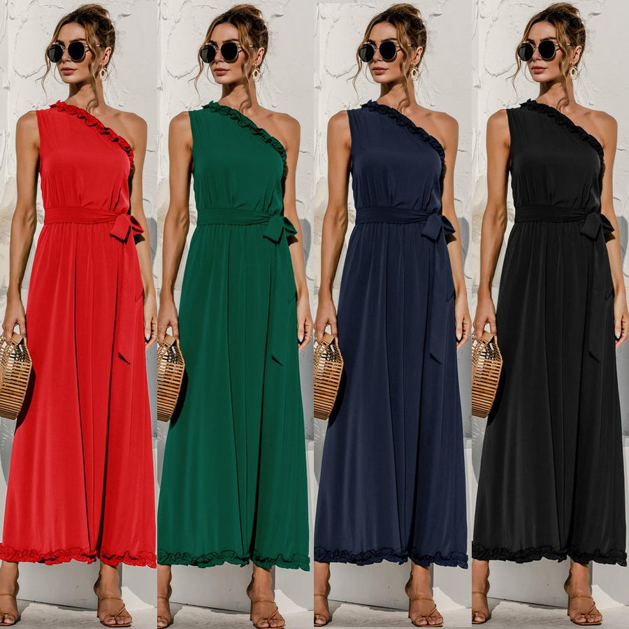 Shoulder Solid Color Black Ruffle High Waist Bandage Dress