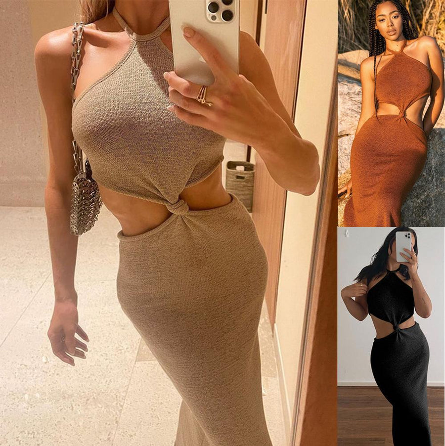 Womens Sexy Knitted Cut Out Spaghetti Strap Long Dresses