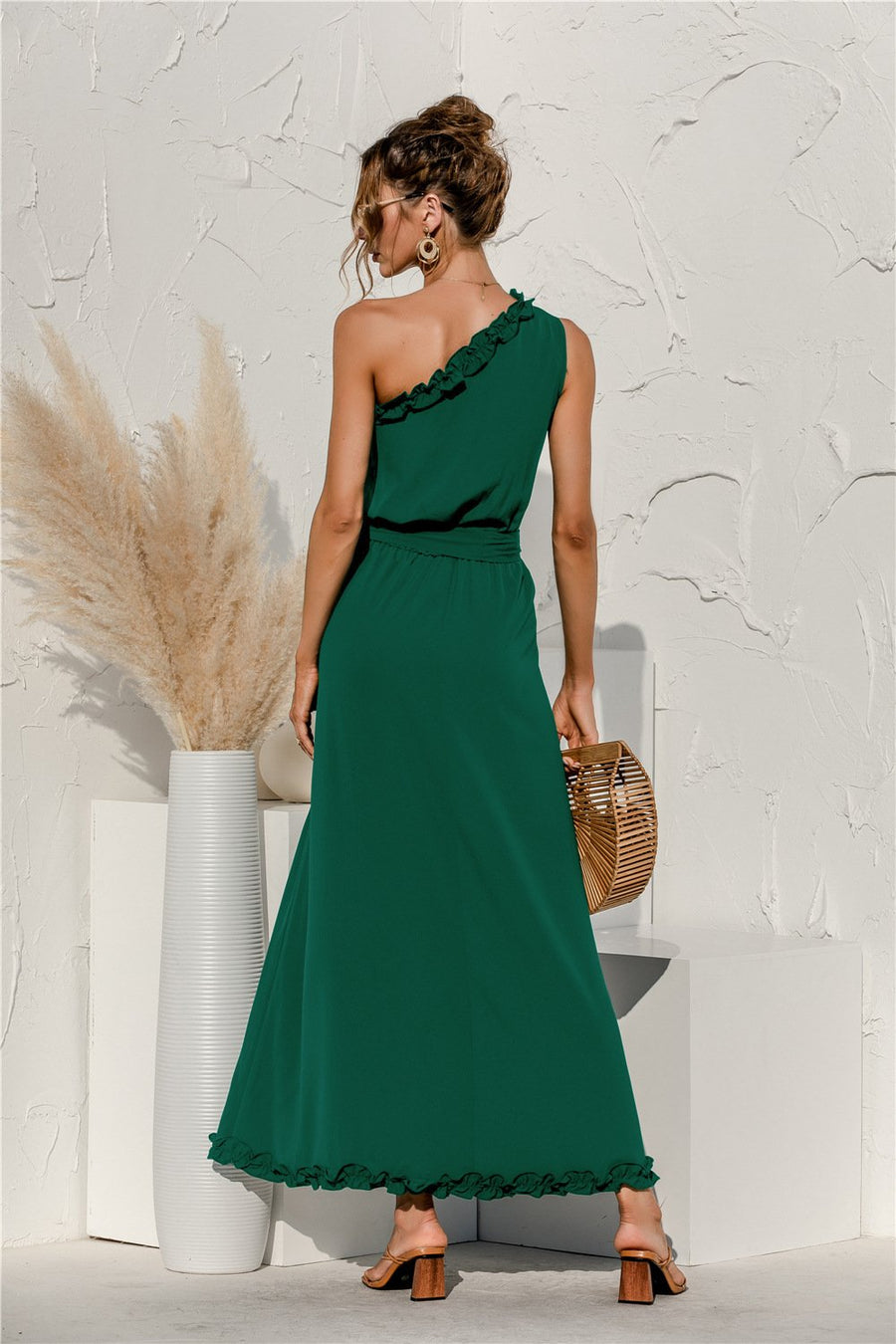 Shoulder Solid Color Black Ruffle High Waist Bandage Dress